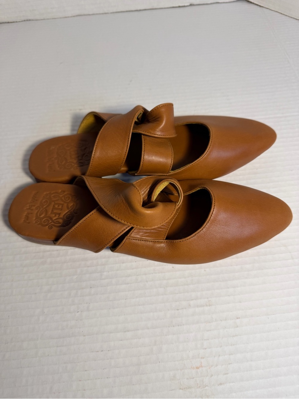 Bal Elf Taj Mahal Pointed Toe Knotted Leather Mules in Cognac 9.5